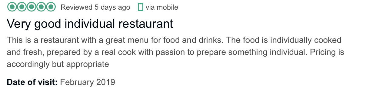 Text of review for the Alkin restaurant location for birthday 