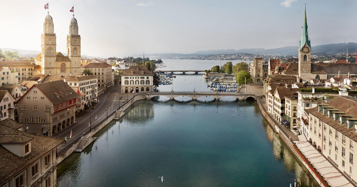 View from city center onto river Limmat and Lake Zurich