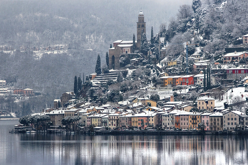 Morcote against the shore of the lake